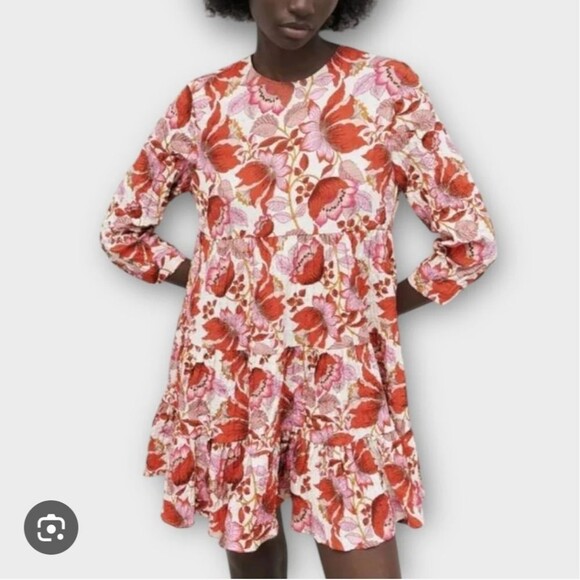 Zara Long Sleeved Floral Tiered Swing Mini Dress, Red Pink Mustard, XS - Picture 3 of 10